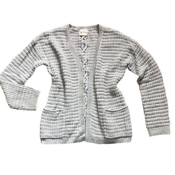 PINK ROSE S Gray Open Weave Pocket Cardigan Sweater Braid Accent 173H - Picture 1 of 8
